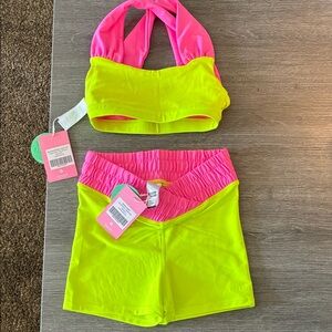 Bright Pink and Yellow Kids Crop Top and Shorts Dancewear